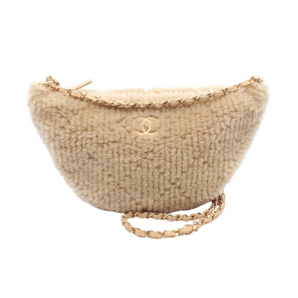 Chanel Coco Mark Half Moon Bag Shoulder Sheepskin Beige